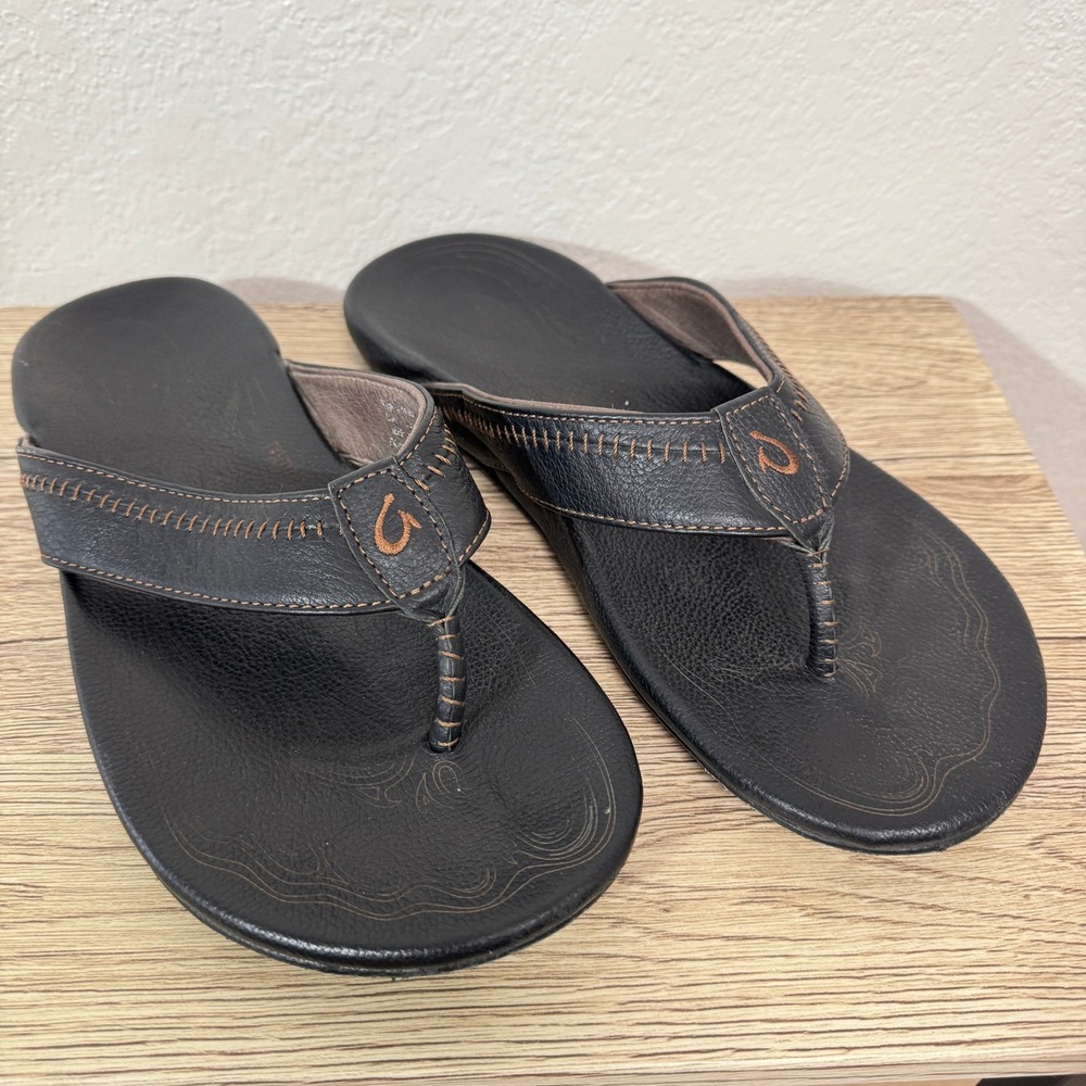OluKai Hiapo Sandals Mens 11 Lave Rock Leather Flip Flops Thong Beach Casual
